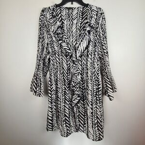 Sunny‎ Taylor Women's Black White 3/4 Sleeve Ruffle Swimsuit Cover 1X Blouse Top